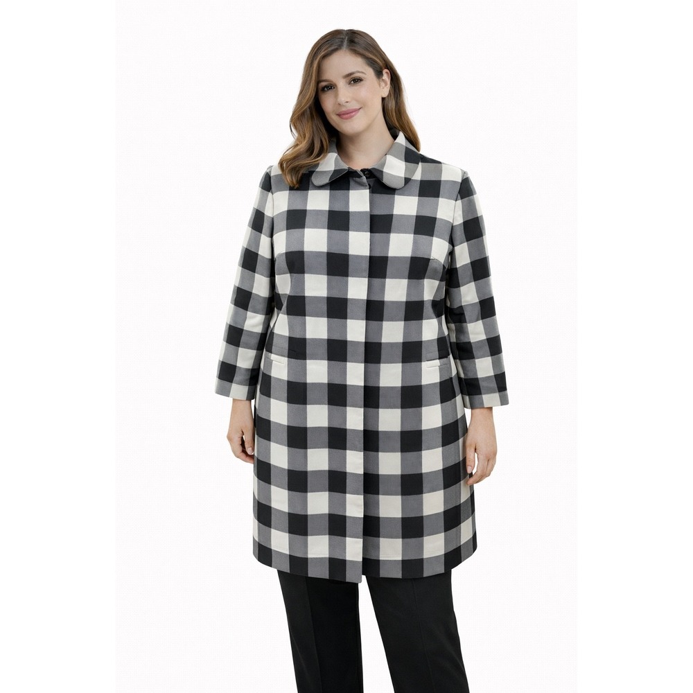 Anne Klein Plaid Coat Size 20W Black White Classic Lined Long Jacket